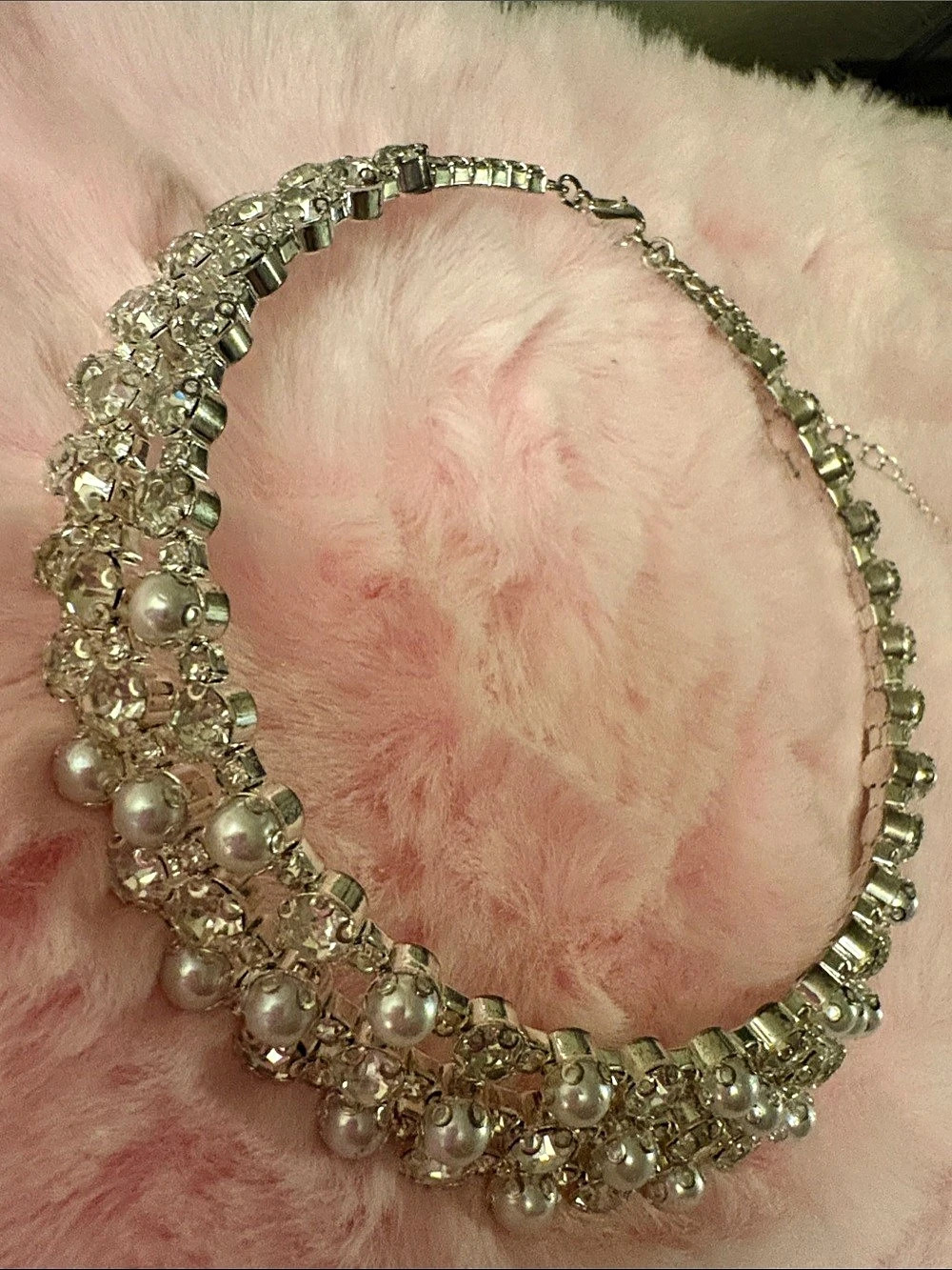 Wedding Crystal and Pearl Statement Necklace in Silver & White